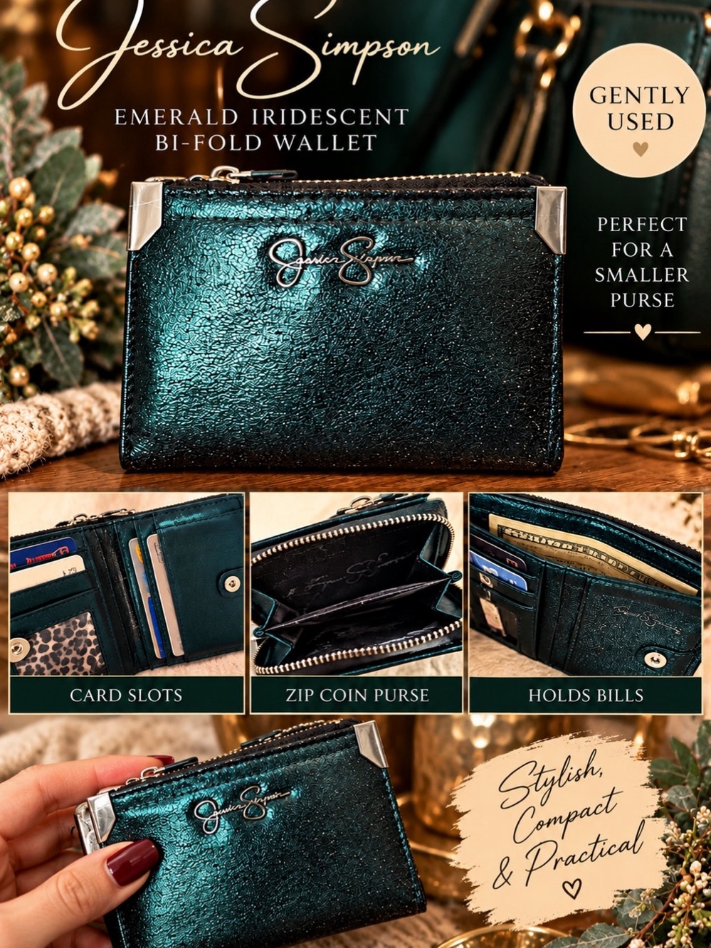 Jessica Simpson Emerald Iridescent Bi-fold Wallet- Gently Used